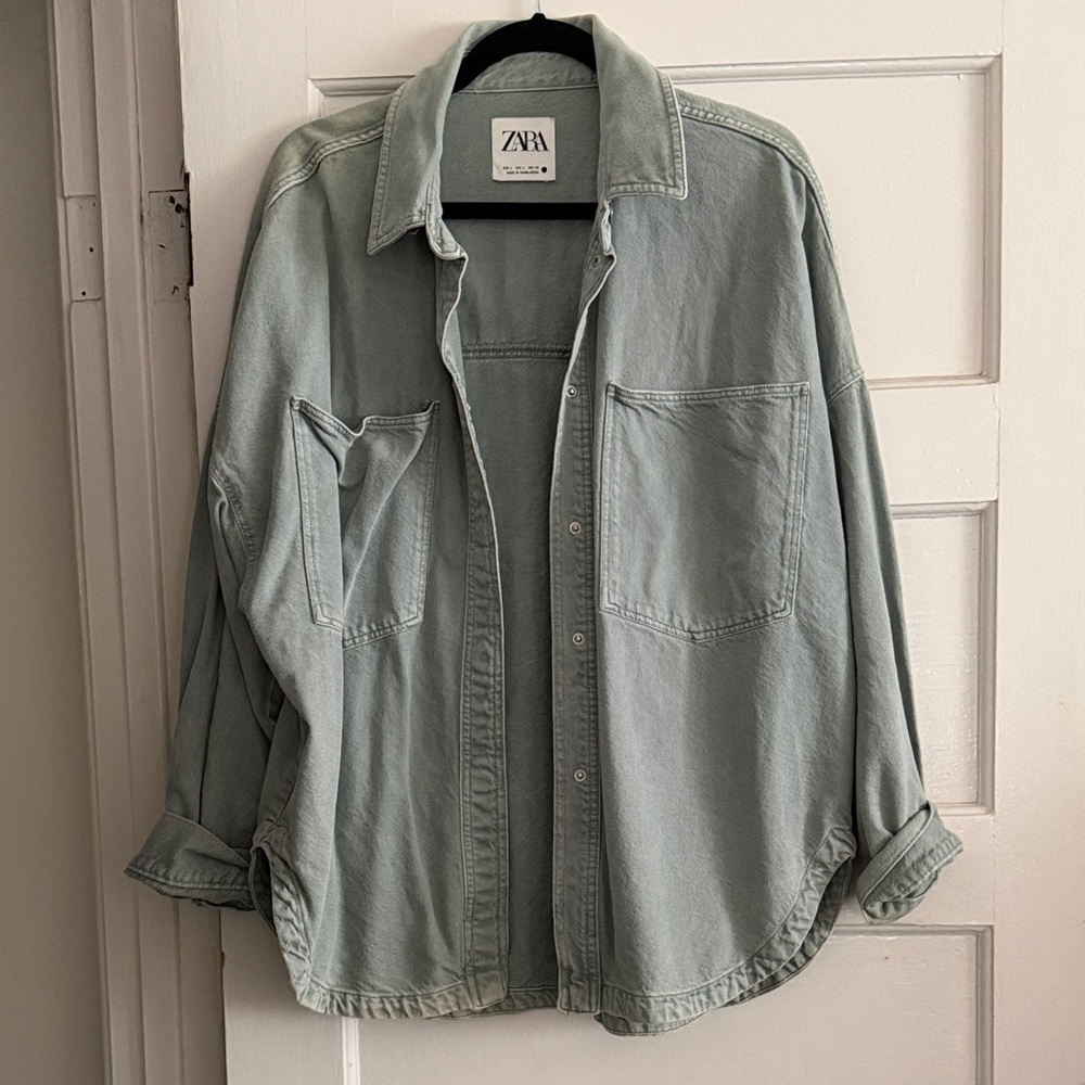 Zara Oversized Light Sage Green Denim Shacket - Picture 4 of 7